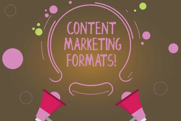 Text sign showing Content Marketing Formats. Conceptual photo the way in which brand is arranged or set out Two Megaphone and Circular Outline with Small Circles on Color Background.