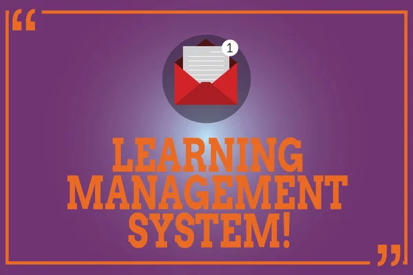 Conceptual hand writing showing Learning Management System. Business photo text software application that is used to administer Open Envelope with Paper Email Message inside Quotation Mark.