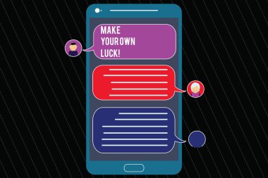 Your kendi şans yapmak gösterilen Not yazma. İş fotoğraf vitrine demonstratingal kader ve şans Mobile Messenger ekranı sohbet başkanları ve boş renk konuşma balonları ile yaratıcısı olmak.