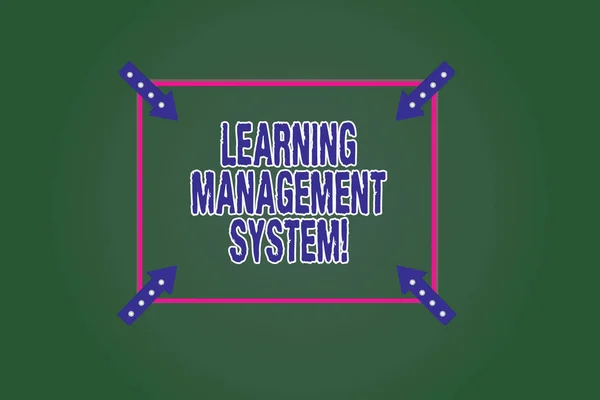 Conceptual hand writing showing Learning Management System. Business photo showcasing software application that is used to administer Square Outline with Corner Arrows Point on Color Background.