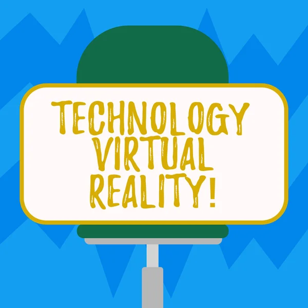 Текстовий знак, що показує технологію віртуальної реальності. Концептуальна фотографія інтерактивного комп'ютерного досвіду Порожня прямокутна форма наклейка сидячи горизонтально на поворотний стілець . — стокове фото