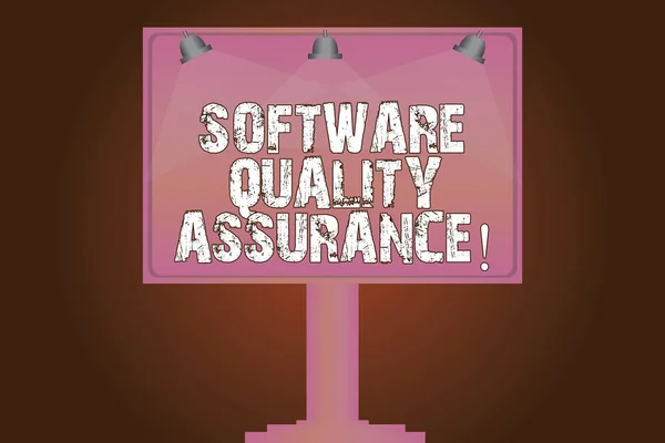 Conceptual hand writing showing Software Quality Assurance. Business photo text Ensuring quality in software engineering process Blank Lamp Lighted Color Signage Outdoor Ads Mounted on Leg.