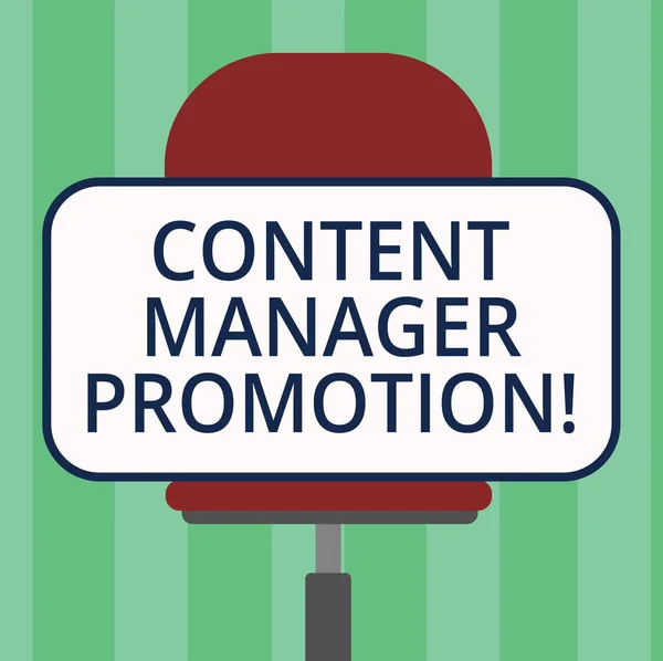Handwriting text writing Content Manager Promotion. Concept meaning someone who oversees the content presented Blank Rectangular Shape Sticker Sitting Horizontally on a Swivel Chair.
