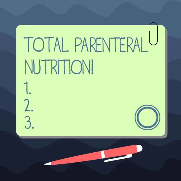 Text sign showing Total Parenteral Nutrition. Conceptual photo infusing a specific form of food through a vein Blank Square Color Board with Magnet Click Ballpoint Pen Pushpin and Clip