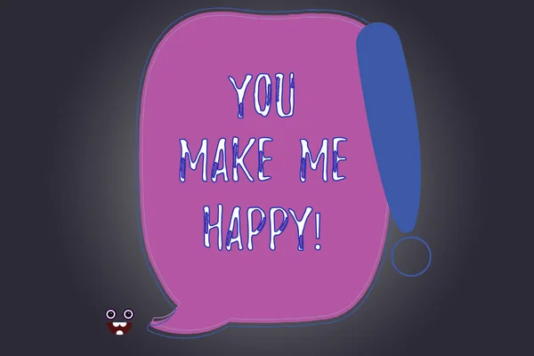 Handwriting text writing You Make Me Happy. Concept meaning Something or Someone that gives pleasure and enjoyment Blank Color Speech Bubble Outlined with Exclamation Point Monster Face icon. — Stock Photo, Image