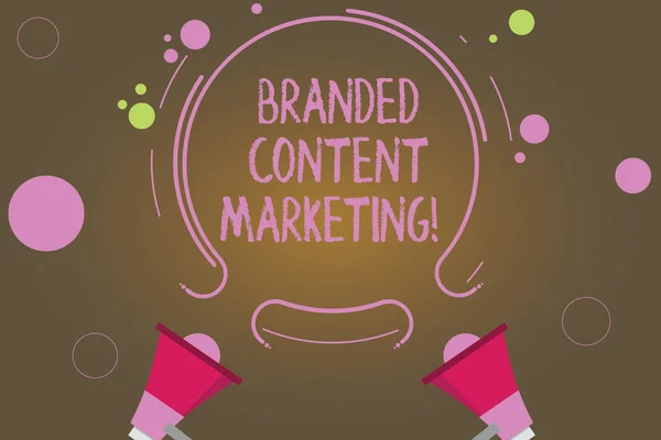 Text sign showing Branded Content Marketing. Conceptual photo Involves creating content linked to a brand Two Megaphone and Circular Outline with Small Circles on Color Background.