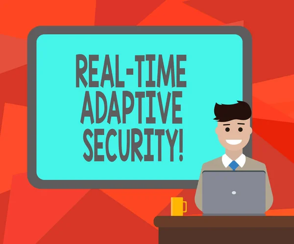 Tulisan firman teks Real Time Adaptive Security. Konsep bisnis untuk mengakomodasi munculnya beberapa perimeter Badan Berbatasan Kosong di belakang Man Sitting Smiling dengan Laptop Mug on Desk . — Stok Foto