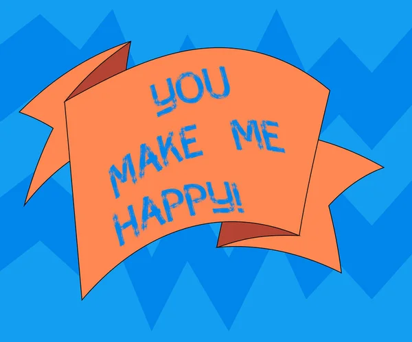 Signo de texto que muestra You Make Me Happy. Foto conceptual Algo o Una persona que da placer y disfrute Plegable Cinta 3D Strip Color sólido en blanco Sash photo for Celebration . —  Fotos de Stock