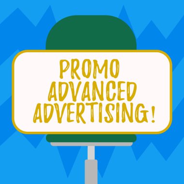 Promo Gelişmiş reklam gösterilen metin işareti. Kavramsal fotoğraf bilgilendirmek hedef dinleyiciler boş dikdörtgen şekli etiket oturan yatay olarak döner sandalye üzerinde bir ürün yararları.