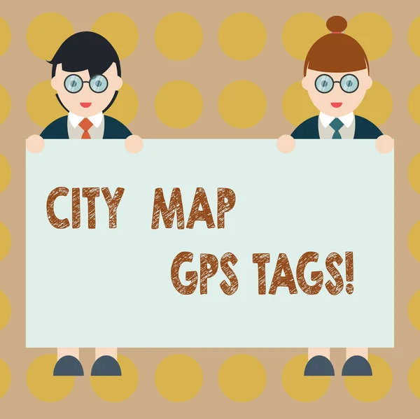 Текст написання слів Міська карта Gps Теги. Бізнес концепція глобальної системи позиціонування розташування місць у містах Чоловік і жінка в єдиному постійному холдингу Порожній плакат Банер текстовий простір . — стокове фото