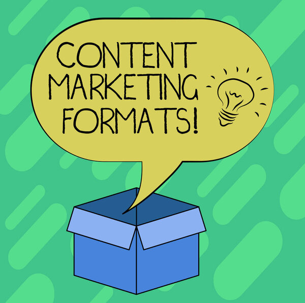 Концептуальный почерк, показывающий Форматы маркетинга контента. Деловое фото, показывающее, как бренд устроен или изложил иконку Idea в пустой полутоновой речи пузырь над коробкой
.