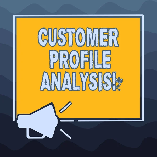 Writing note showing Customer Profile Analysis. Business photo showcasing customer profile or target market analysis Megaphone Sound icon Outlines Square Loudspeaker Text Space photo.