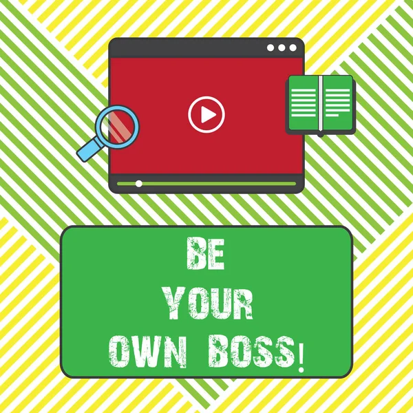 Znak tekstowy Wyświetlono Be Your Own Boss. Koncepcyjne zdjęcie przedsiębiorczości zakładania działalności gospodarczej niezależności podatkowo Tablet Video Player przesyłanie pobieranie i szkło powiększające przestrzeń tekstu. — Zdjęcie stockowe