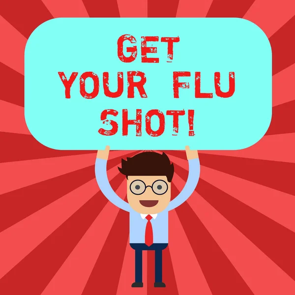 El yazısı metin Your Flu Shot almak. Onun kafası boş dikdörtgen renkli tahta adam ayakta tutan yukarıda hasta bağışıklama olmak önlemek için bir aşı var anlam kavramı. — Stok fotoğraf