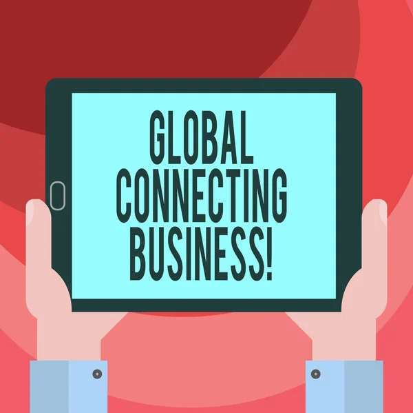 Text sign showing Global Connecting Business. Conceptual photo trading of goods and services internationally Hu analysis Hand Holding Blank Screen Tablet Smartphone Display Unit photo.