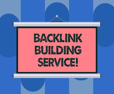 El yazısı metin Backlink yapı hizmet. Konferans sunum için diğer boş taşınabilir duvara asılmış projeksiyon perdesi ile link alışverişi tarafından artış backlink anlam kavramı.