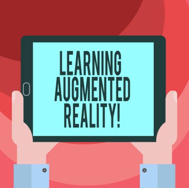 Öğrenme Augmented Reality gösterilen metin işareti. Kavramsal fotoğraf çevre öğrenci Hu analiz el Holding boş ekran Tablet Smartphone görüntü birimini fotoğraf giriş için uyarlar..