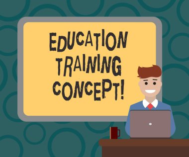Eğitim eğitim kavramı gösterilen Not yazma. Bir panosunda gösteren sınırlanmıştır arkasında oturan adam gülümseyen Laptop kupa üstünde okul sırası ile belirli becerileri inculcating hareket vitrine iş fotoğraf.