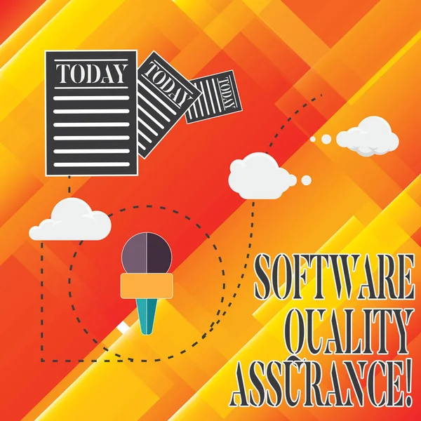 Handwriting text Software Quality Assurance. Concept meaning Ensuring quality in software engineering process Information and Documents Passing thru Cloud Hosting Fast delivery of Data.