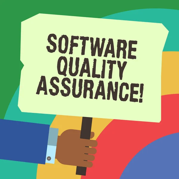 Handwriting text writing Software Quality Assurance. Concept meaning Ensuring quality in software engineering process Hu analysis Hand Holding Blank Colored Placard with Stick photo Text Space.