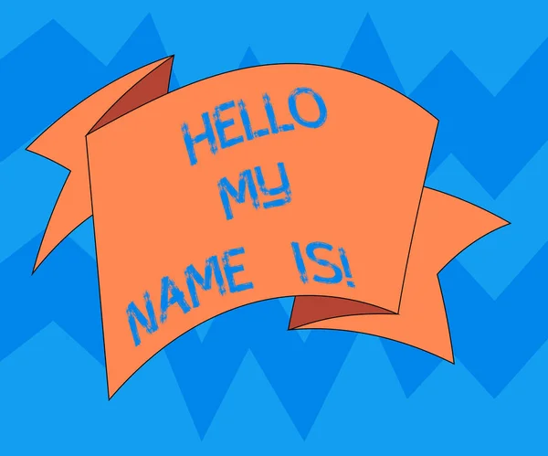 Signo de texto que muestra Hello My Name Is. Foto conceptual que se presenta a los nuevos trabajadores que muestran como la presentación plegada 3D cinta tira Color sólido en blanco marco de la foto para la celebración . — Foto de Stock