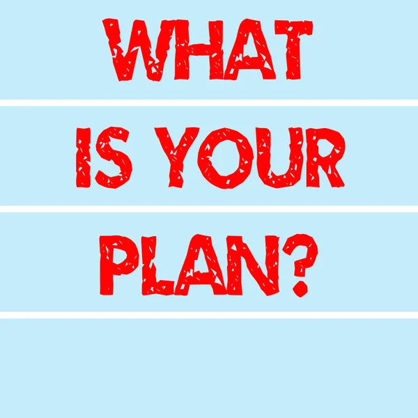 Handwriting text writing What Is Your Plan. Concept meaning Show us your schedule strategies to accomplish goals Rectangular Color Label Strips Blank Text Space for Presentation Posters.