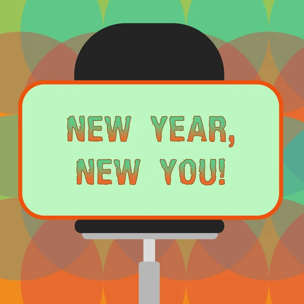 Word writing text New Year New You. Business concept for 365 days of opportunities to change your expectations Blank Rectangular Shape Sticker Sitting Horizontally on a Swivel Chair. — Stock Photo, Image
