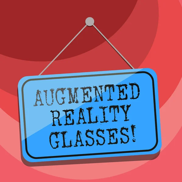 Text sign showing Augmented Reality Glasses. Conceptual photo Digital eye glasses Personal imaging system Blank Hanging Color Door Window Signage with Reflection String and Tack.
