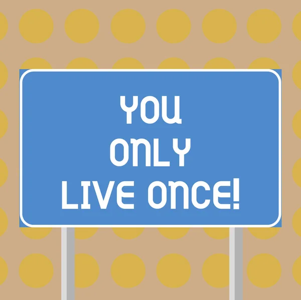 Word writing text You Only Live Once. Business concept for Seize the day and be happy motivated enjoy life Blank Rectangular Outdoor Color Signpost photo with Two leg and Outline.