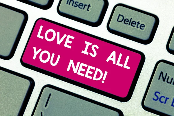 Tekst teken weergegeven: Love Is All You Need. Conceptuele foto inspiratie roanalysistic gevoelens nodig motivatie toets op het toetsenbord te willen maken van computer bericht op idee van het toetsenbord te drukken. — Stockfoto