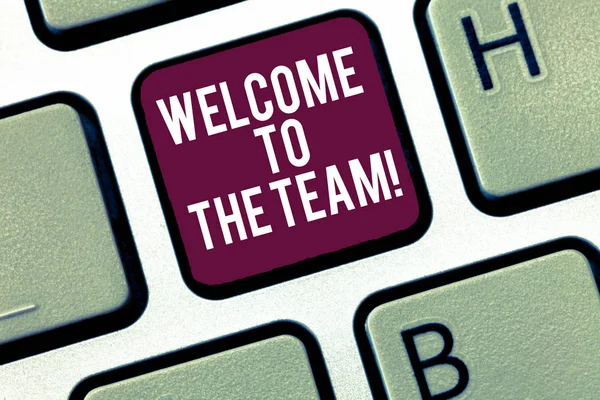 Writing note showing Welcome To The Team. Business photo showcasing Greeting making part of a work group new showing Keyboard Intention to create computer message keypad idea. — Stock Photo, Image