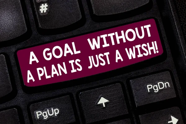 Conceptual hand writing showing A Goal Without A Plan Is Just A Wish. Business photo text Make strategies to reach objectives Keyboard key Intention to create computer message idea.