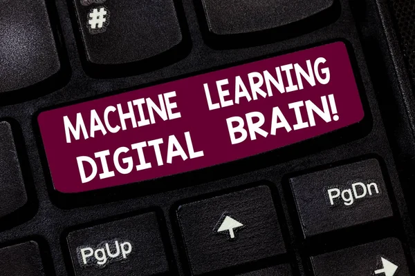 Conceptual hand writing showing Machine Learning Digital Brain. Business photo text Artificial Intelligence Digital education Keyboard key Intention to create computer message idea.