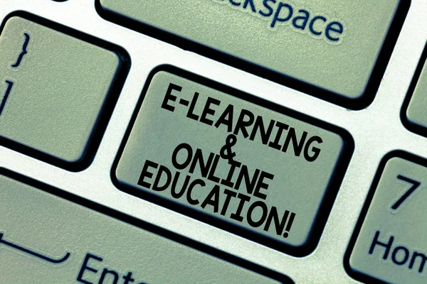 文字写作文本 e 学习和在线教育。业务理念为远程学习在线数字课程键盘键意图创建计算机消息按键盘的想法. — 图库照片