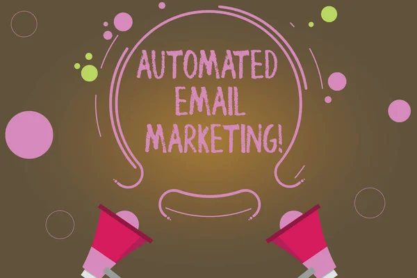 Text sign showing Automated Email Marketing. Conceptual photo Email sent automatically to list of showing Two Megaphone and Circular Outline with Small Circles on Color Background.