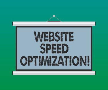 El yazısı metin Web sitesi hız optimizasyonu. Konferans sunum için geliştirin Web sitenizin hızı sürücü iş hedeflerine boş duvara asılmış projeksiyon ekran taşınabilir anlam kavramı