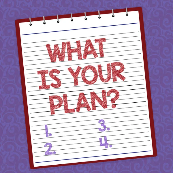 Handwriting text writing What Is Your Plan. Concept meaning Show us your schedule strategies to accomplish goals Lined Spiral Top Color Notepad photo on Watermark Printed Background