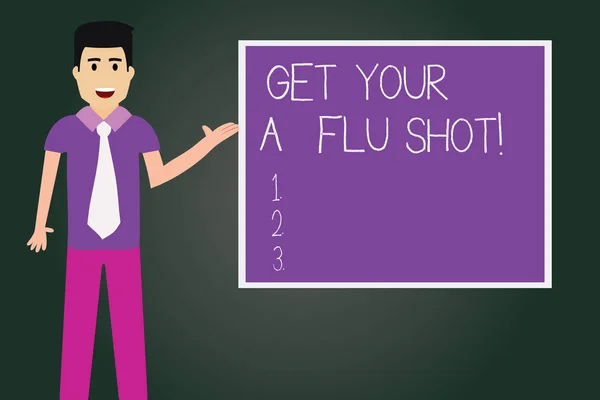 Note d'écriture montrant Get Your A Griu Shot. Présentation de photos d'affaires Avoir une vaccination pour éviter d'être malade immunisation Man with Tie Talking Présentation Blank Color Square Board . — Photo