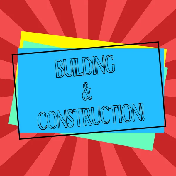 Text sign showing Building And Construction. Conceptual photo The work of building or making something Pile of Blank Rectangular Outlined Different Color Construction Paper. — Stock Photo, Image