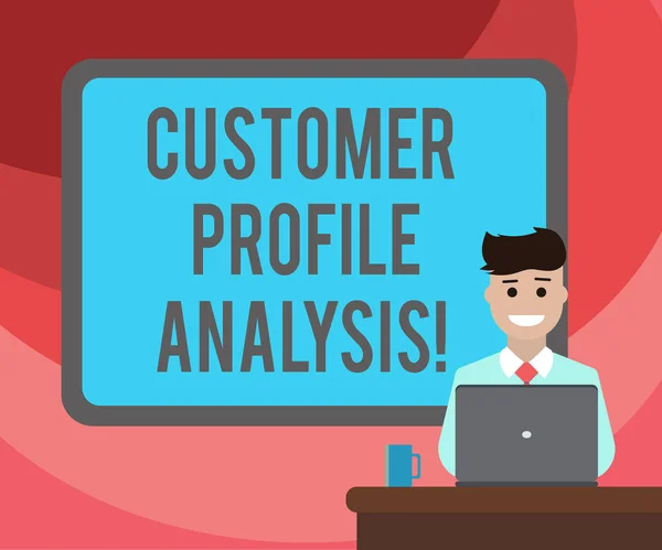 Text sign showing Customer Profile Analysis. Conceptual photo customer profile or target market analysis Blank Bordered Board behind Man Sitting Smiling with Laptop Mug on Desk.