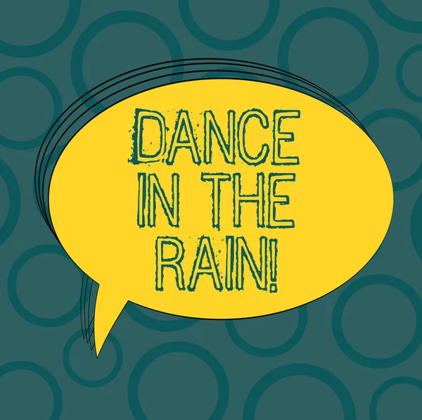 Writing note showing Dance In The Rain. Business photo showcasing Enjoy the rainy day childish activities happy dancing Oval Outlined Solid Color Speech Bubble Empty Text Balloon photo.