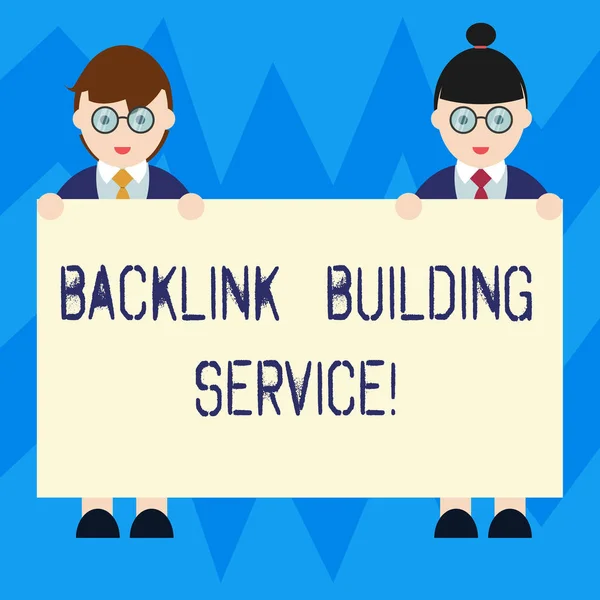 Text sign showing Backlink Building Service. Conceptual photo Increase backlink by exchanging links with other Male and Female in Uniform Standing Holding Blank Placard Banner Text Space. — Stock Photo, Image