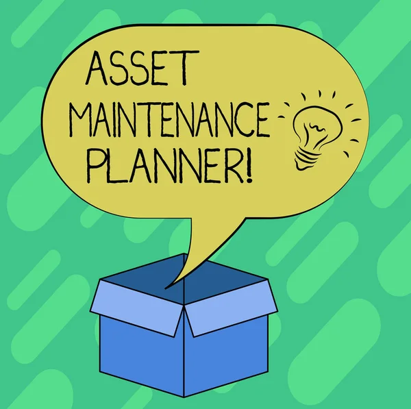 Conceptual hand writing showing Asset Maintenance Planner. Business photo showcasing Ability to implement structured maintenance plans Idea icon in Blank Halftone Speech Bubble Over Carton Box.