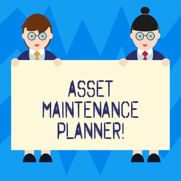 Text sign showing Asset Maintenance Planner. Conceptual photo Ability to implement structured maintenance plans Male and Female in Uniform Standing Holding Blank Placard Banner Text Space.