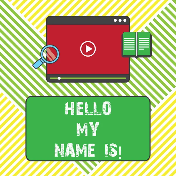 Signo de texto que muestra Hello My Name Is. Foto conceptual que se presenta a los nuevos trabajadores que muestran como la presentación Tablet reproductor de vídeo Carga de la descarga y la lupa Espacio de texto . —  Fotos de Stock