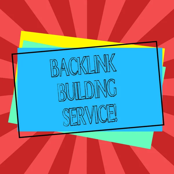 Signo de texto que muestra Backlink Building Service. Foto conceptual Aumente el backlink intercambiando enlaces con otro montón de papel de construcción en blanco rectangular perfilado de diferentes colores . — Foto de Stock