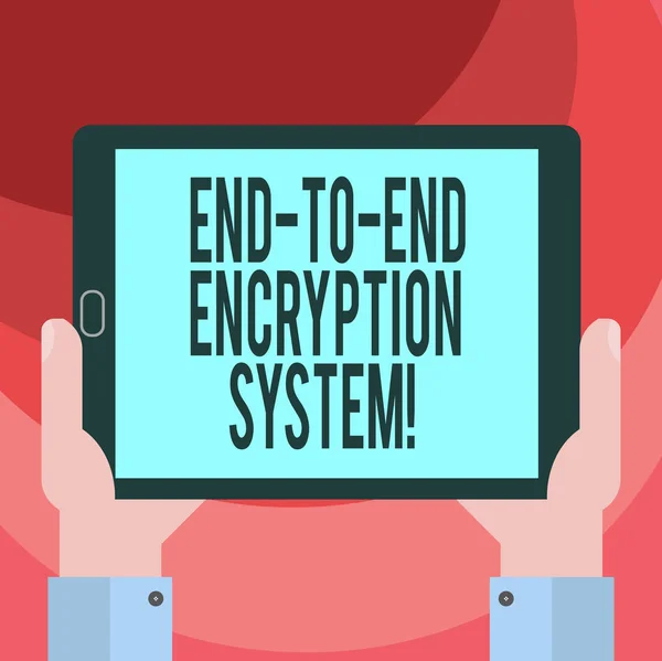 Text sign showing End To End Encryption System. Conceptual photo method used for securing encrypted data Hu analysis Hand Holding Blank Screen Tablet Smartphone Display Unit photo.