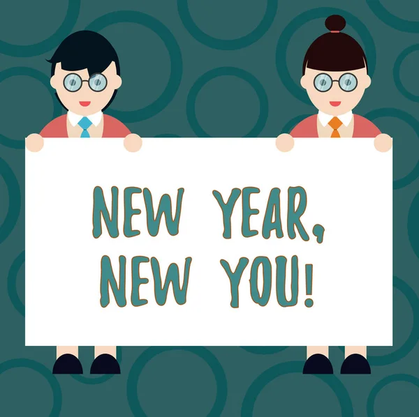 Writing note showing New Year New You. Business photo showcasing 365 days of opportunities to change your expectations Male and Female in Uniform Holding Placard Banner Text Space. — Stock Photo, Image