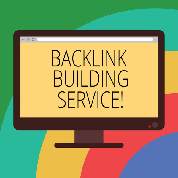 Ecriture conceptuelle montrant Backlink Building Service. Photo d'affaires montrant Augmenter backlink en échangeant des liens avec d'autres moniteur d'ordinateur Écran couleur monté avec la barre de progression . — Photo