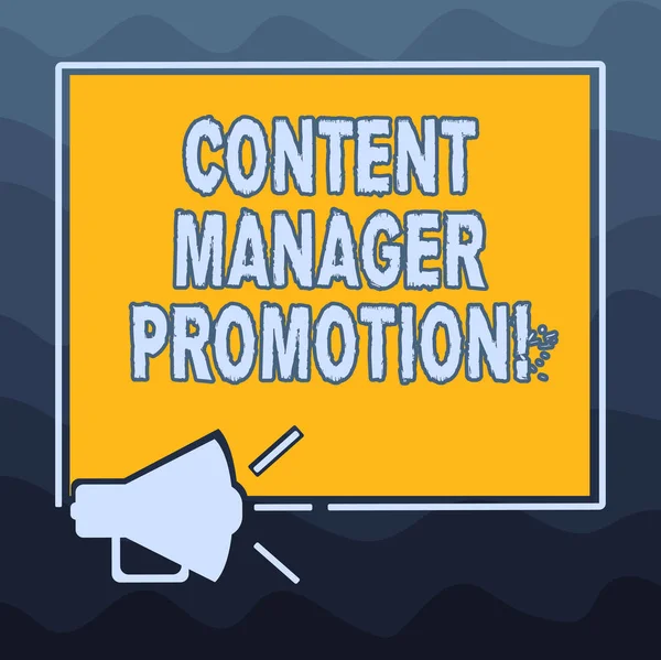 Writing note showing Content Manager Promotion. Business photo showcasing someone who oversees the content presented Megaphone Sound icon Outlines Square Loudspeaker Text Space photo.